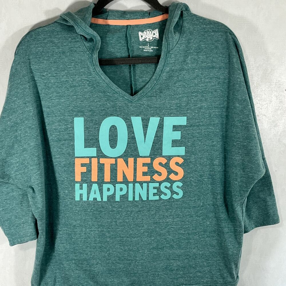 Crunch Hooded Long Sleeve T-Shirt Love Finess Happiness V-Neck 3/4 Sleeve Size L